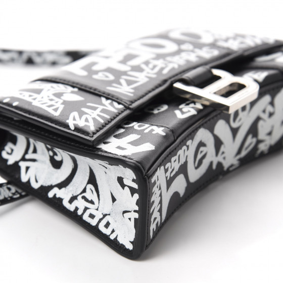 BALENCIAGA Calfskin Graffiti Hourglass Belt Bag S Black