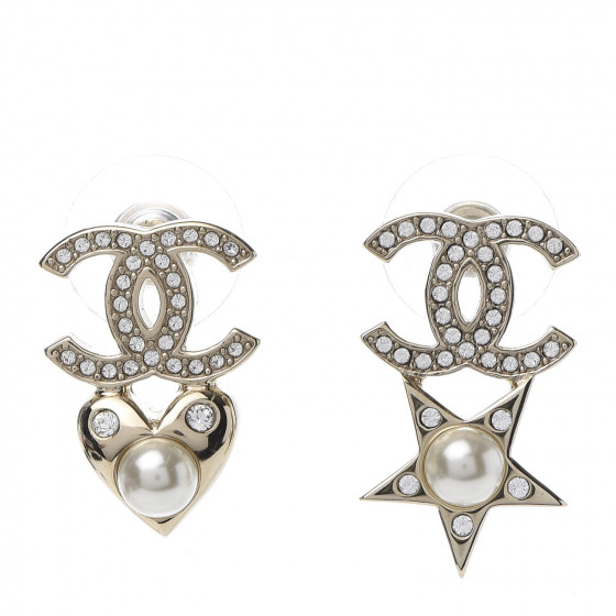 CHANEL Crystal Pearl Charming Winter CC Star Heart Earrings