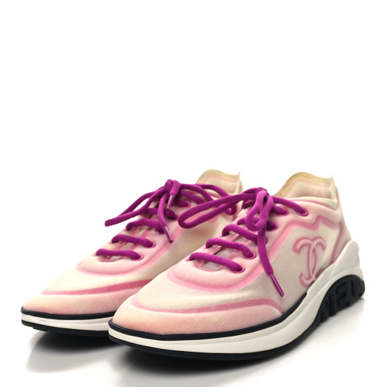 CHANEL Calfskin Mesh Lycra Womens Logo Sneakers 40.5 White