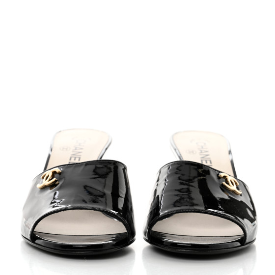 CHANEL Patent Lambskin Pearl Mules 40 Black 1243207