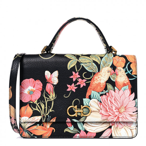 SALVATORE FERRAGAMO Floral Printed Hammered Calfskin Gancini