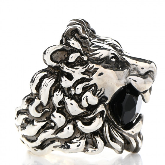 GUCCI Metal Crystal Lion Head Ring 7.5 Black Aged Silver