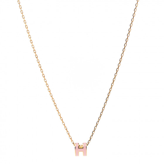 HERMES Lacquered Gold Mini Pop H Pendant Necklace Rose