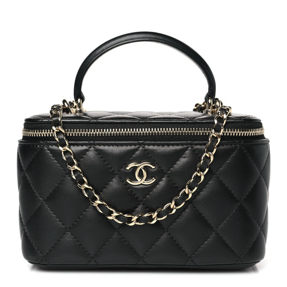 Lambskin Quilted Small Top Handle Vanity Case With Chain Black