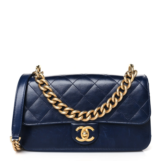 Calfskin Quilted Small Straight Lined Flap Blue