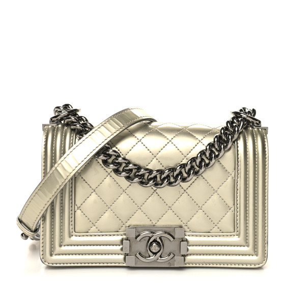 Metallic Patent Calfskin Quilted Small Boy Flap Silver