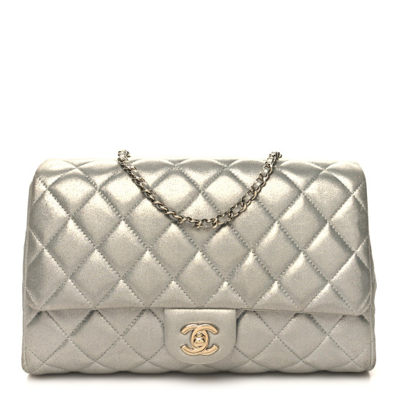 Iridescent Calfskin Quilted Clutch With Chain Flap Silver