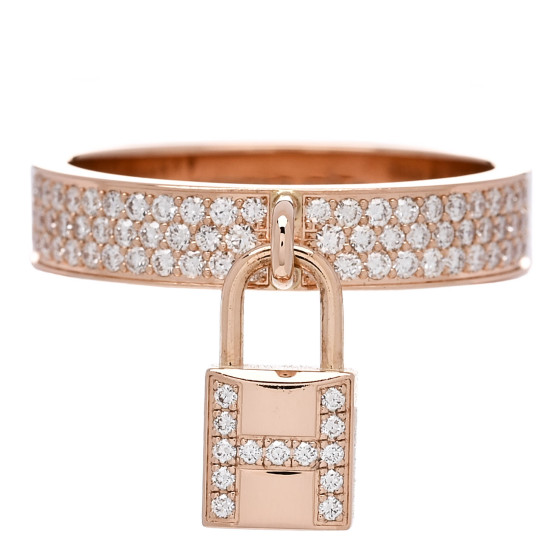 HERMES 18K Rose Gold Diamond MM Kelly Clochette Ring 56 7.5