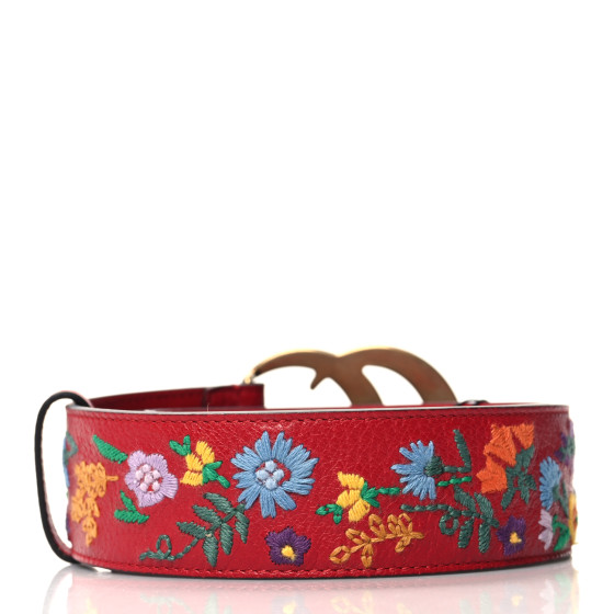 GUCCI Textured Calfskin Flower Embroidered Double G 40mm