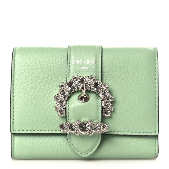 JIMMY CHOO Calfskin Crystal Cheri Case Wallet Light Green