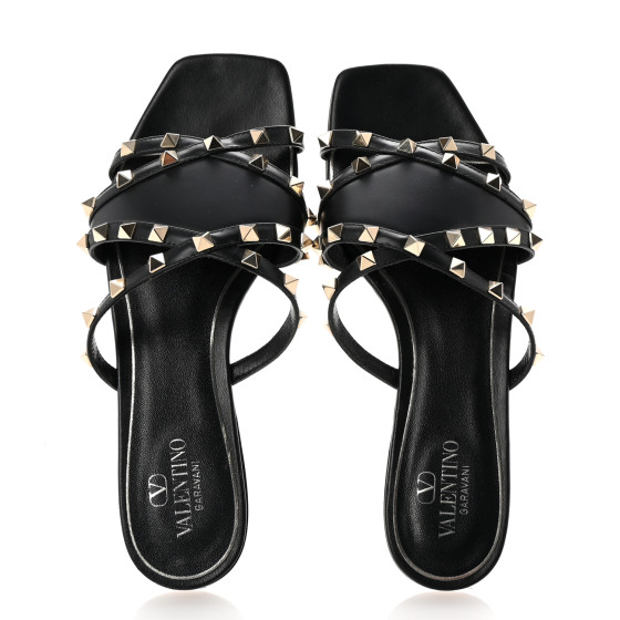 VALENTINO GARAVANI Calfskin Rockstud Slide Sandals 39 Black