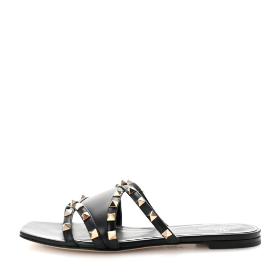 VALENTINO GARAVANI Calfskin Rockstud Slide Sandals 39 Black