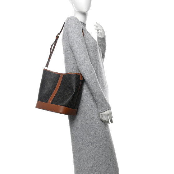 CELINE Triomphe Canvas Calfskin Medium Bucket Bag Tan