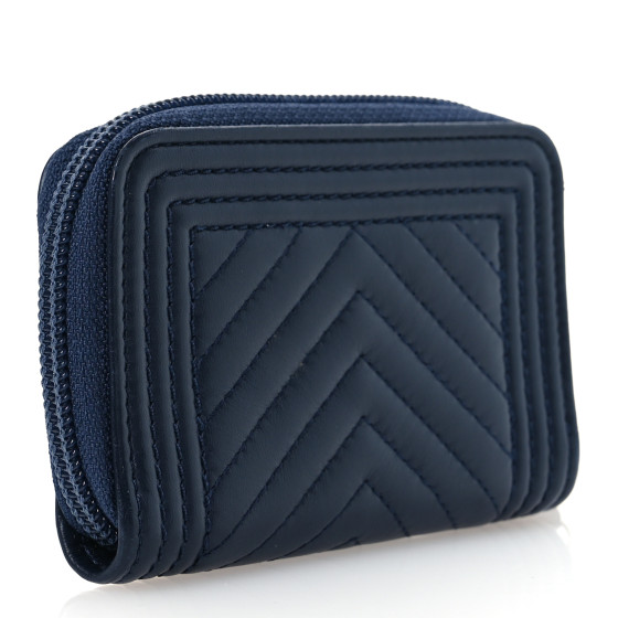 CHANEL Calfskin Chevron Quilted Zip Around Boy Coin Purse