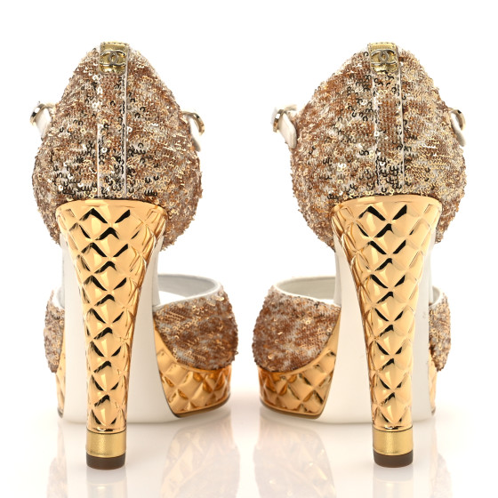 CHANEL Metallic Sequin Peep Toe Pumps 37.5 Light Gold White