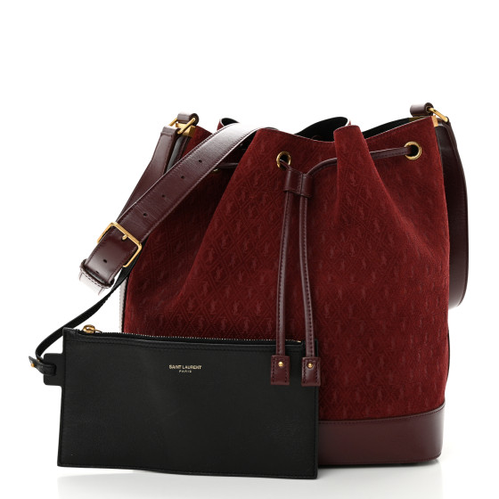 SAINT LAURENT Suede All-Over Monogram Bucket Bag Burgundy