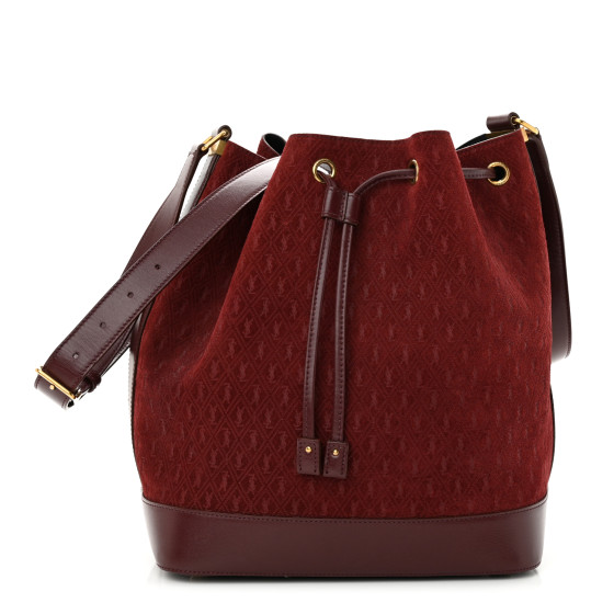 SAINT LAURENT Suede All-Over Monogram Bucket Bag Burgundy