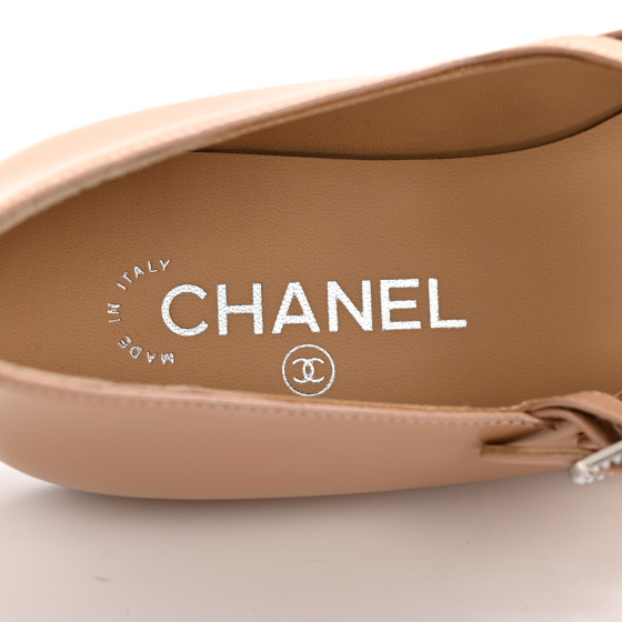 CHANEL Lambskin Grosgrain Pearl Mary Jane Flats 38 Beige