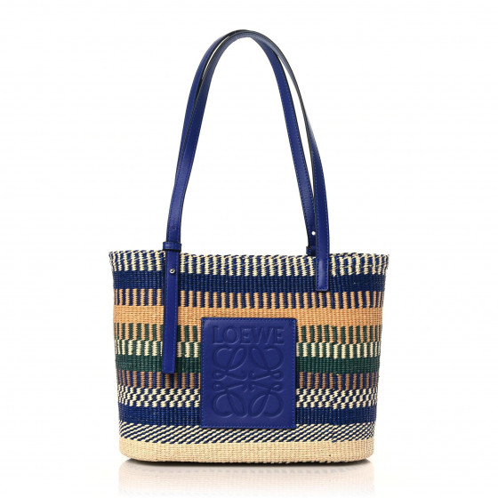 LOEWE Raffia Small Square Basket Tote Bag Blue Multicolor