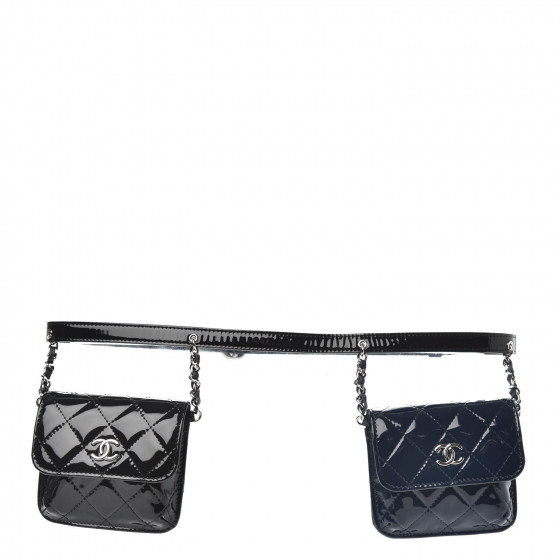 CHANEL Patent Quilted Double Mini Flap Waist Bag Black Navy