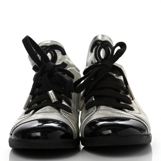 CHANEL Metallic Lambskin Patent Cap Toe CC Sneakers 38.5
