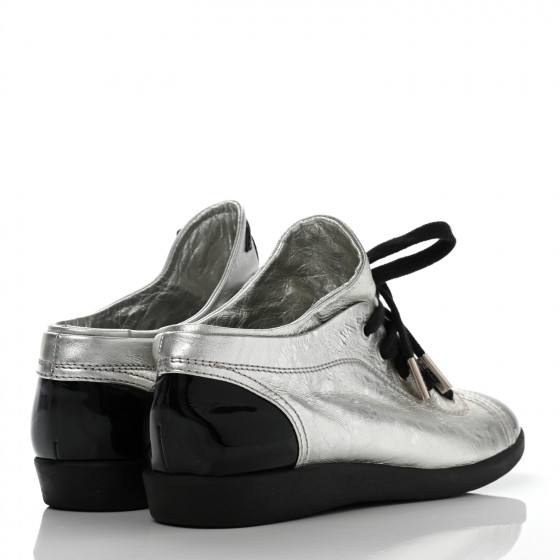 CHANEL Metallic Lambskin Patent Cap Toe CC Sneakers 38.5