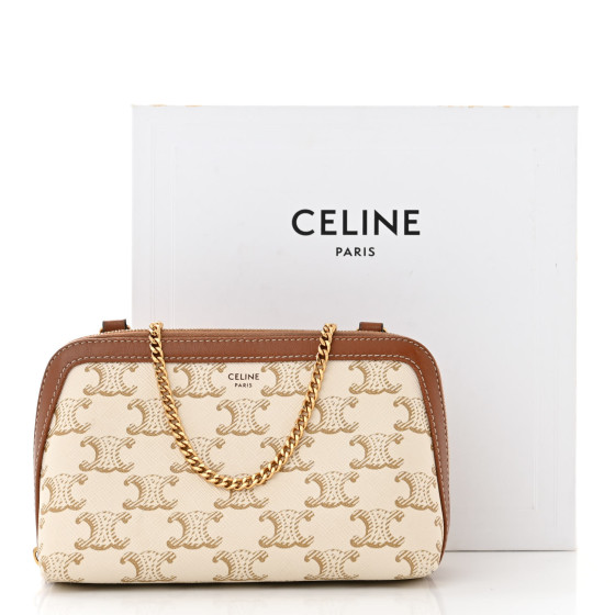 【国内発送】CLUTCH WITH CHAIN TRIOMPHE CANVAS LAMBSKINセール CELINE Lambskin Triomphe Canvas Clutch With Chain White Tan