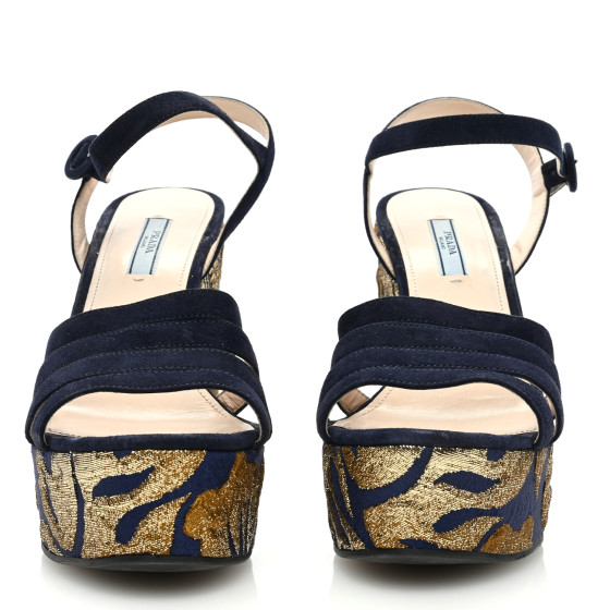 PRADA Suede Brocade Wedge Sandals 40 Blue Gold 1480146