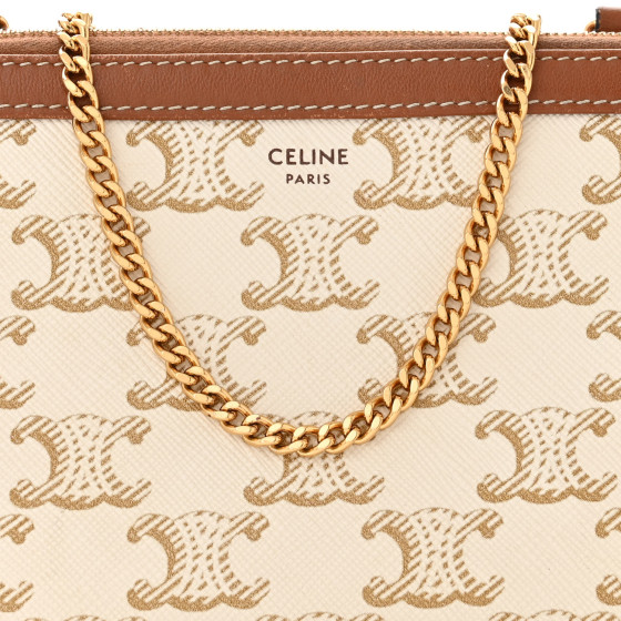 ☆【CELINE】☆Clutch Chain Triomphe Canvas Lambskin Ta.n☆ CELINE Lambskin Triomphe Canvas Embroidered Logo Clutch With
