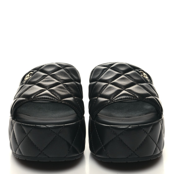 CHANEL Lambskin Quilted CC Mules Wedge Sandals 39 Black