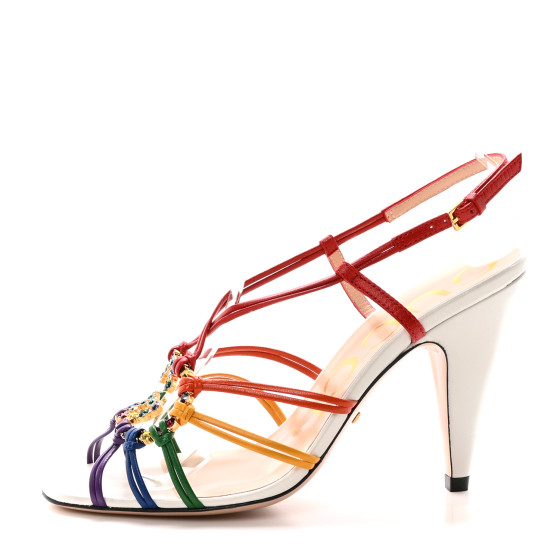 GUCCI Calfskin Crystal GG Isa Ankle Strap Mid Heel Sandals