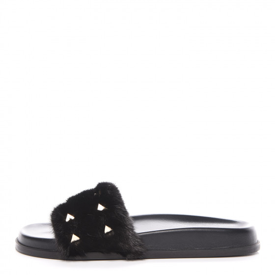 VALENTINO GARAVANI Mink Fur Rockstud Slide Sandals 38 Black