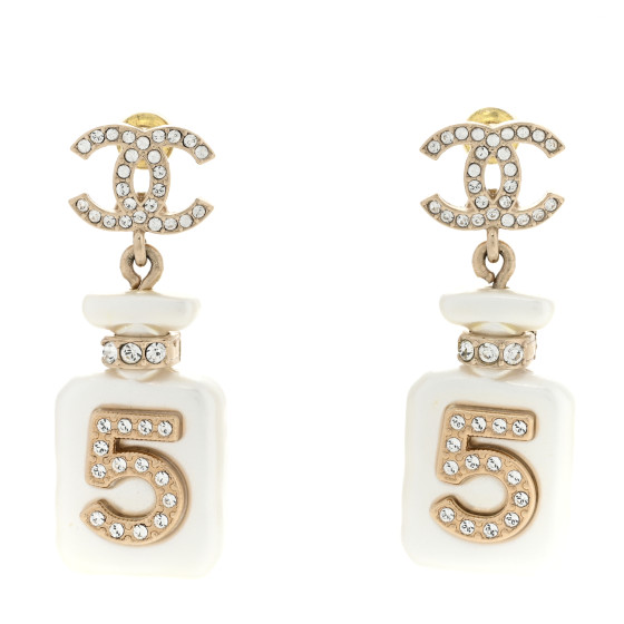 CHANEL Pearl Resin Crystal CC No 5 Perfume Bottle Drop Earrings Gold Pearly White