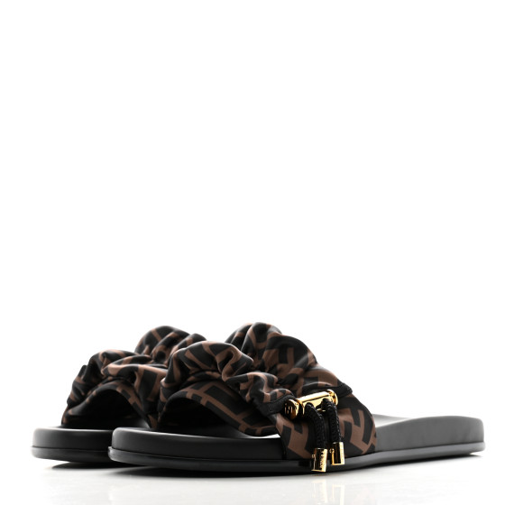 FENDI Satin FF Fendi Feel Slide Sandals 39 Tobacco Black
