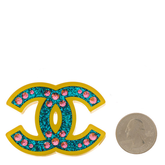 CHANEL Resin Glitter Crystal CC Brooch Yellow Blue 1502990