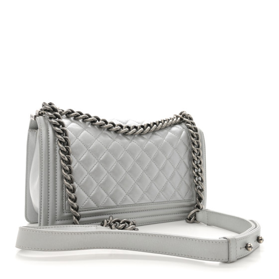 CHANEL Metallic Lambskin Quilted Medium Boy Flap Silver