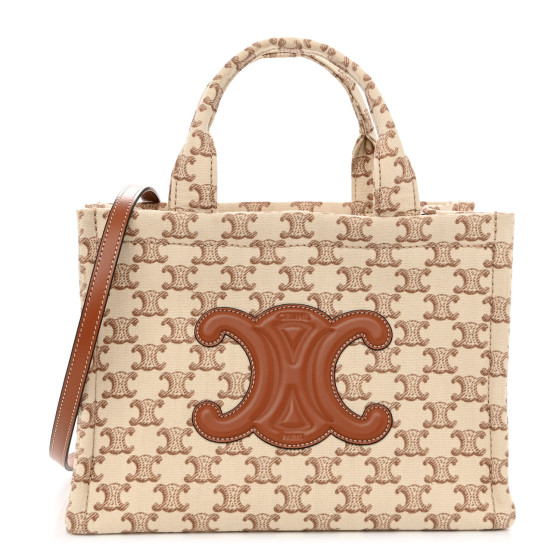 CELINE Canvas Calfskin Triomphe Print Small Cabas Thais White