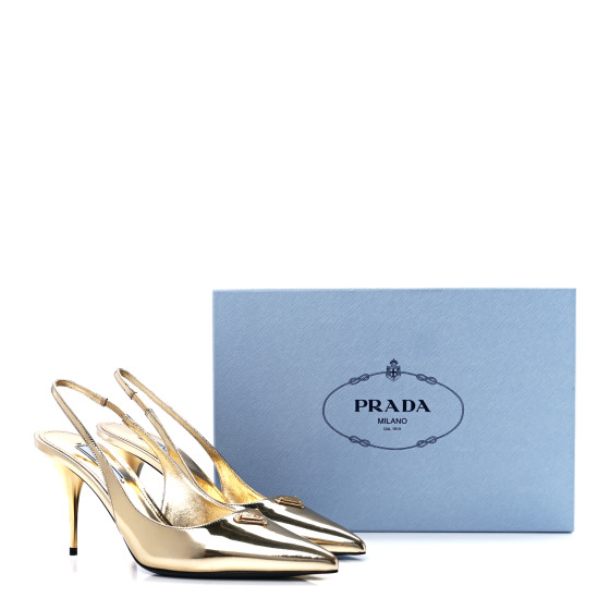 PRADA Metallic Calfskin Metal Triangle Logo 85mm Slingback