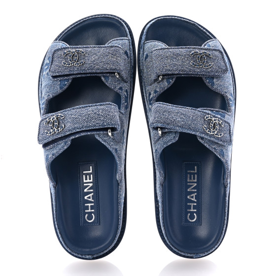 [CHANEL]★Velcro Cubic Sandals CHANEL Denim CC Velcro Dad Chain CC Slide Sandals 36 Blue