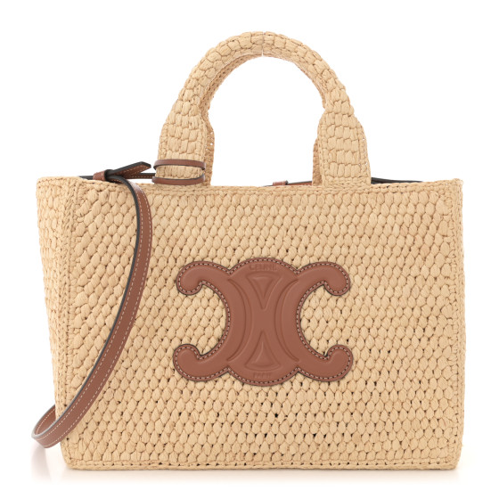 【CELINE 】 Small cabas Thais in raffia and calfskin CELINE Raffia Effect Calfskin Triomphe Jacquard Small Cabas