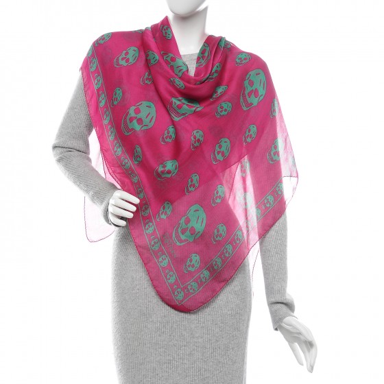 ALEXANDER MCQUEEN Silk Chiffon Skull Scarf Pink Green 196591
