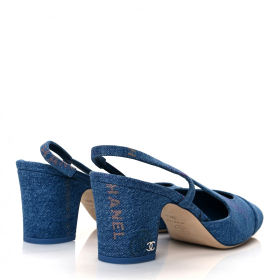 CHANEL ネイビー デニム ミュール CHANEL Denim Cap Toe CC Slingback Pumps 39.5 Light Blue