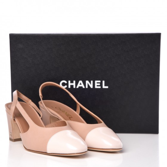 CHANEL Glazed Calfskin Cap Toe CC Slingback Pumps 38.5 Beige