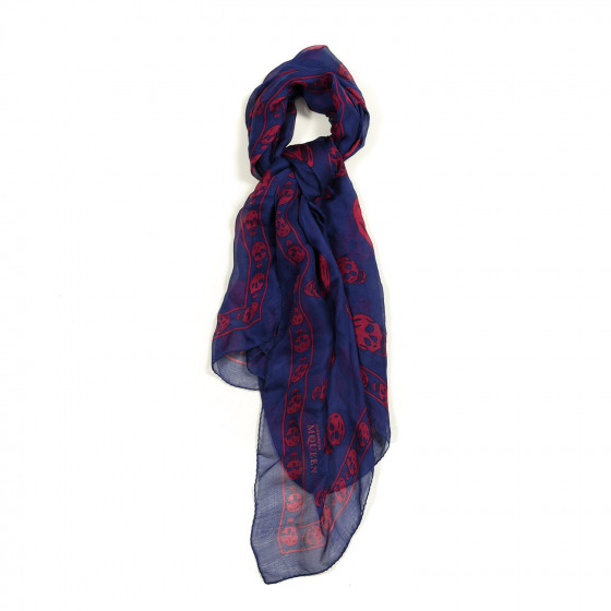ALEXANDER MCQUEEN Silk Chiffon Skull Scarf Blue 399893