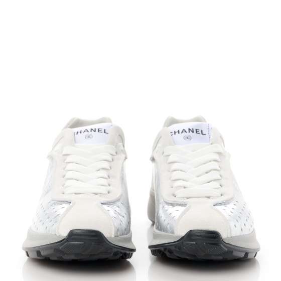 CHANEL Laminated Calfskin Suede CC Sneakers 37 Silver Light