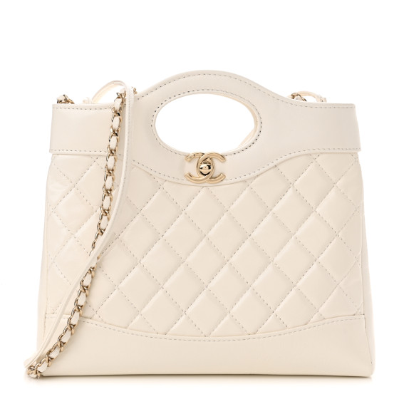 CHANEL Shiny Lambskin Quilted Mini 31 Shopping Bag White