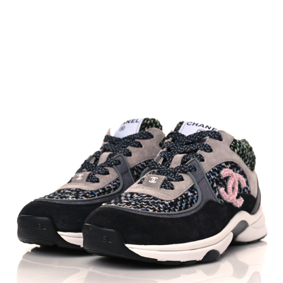 CHANEL Tweed Suede CC Sneakers 36.5 Grey Pink Multicolor