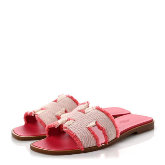 HERMES Toile H Oran Fringe Sandals 36 Framboise 1118780