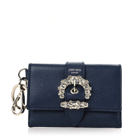 JIMMY CHOO Calfskin Crystal Cheri Charm Case Wallet Navy