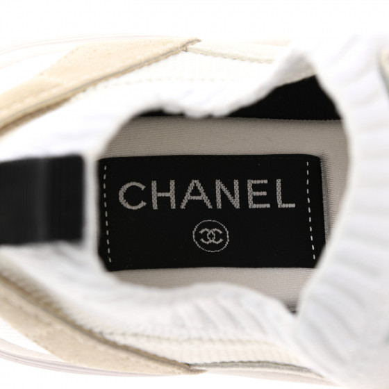 CHANEL Mesh Suede Fabric Womens CC Sneakers 37 White Ivory